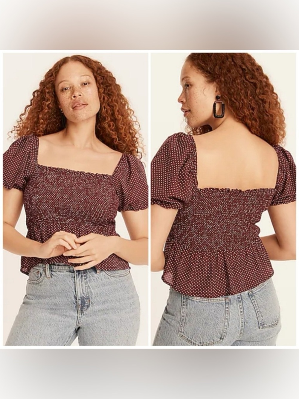 J. Crew Burgundy Polka Dot Smocked Peplum Crop Top